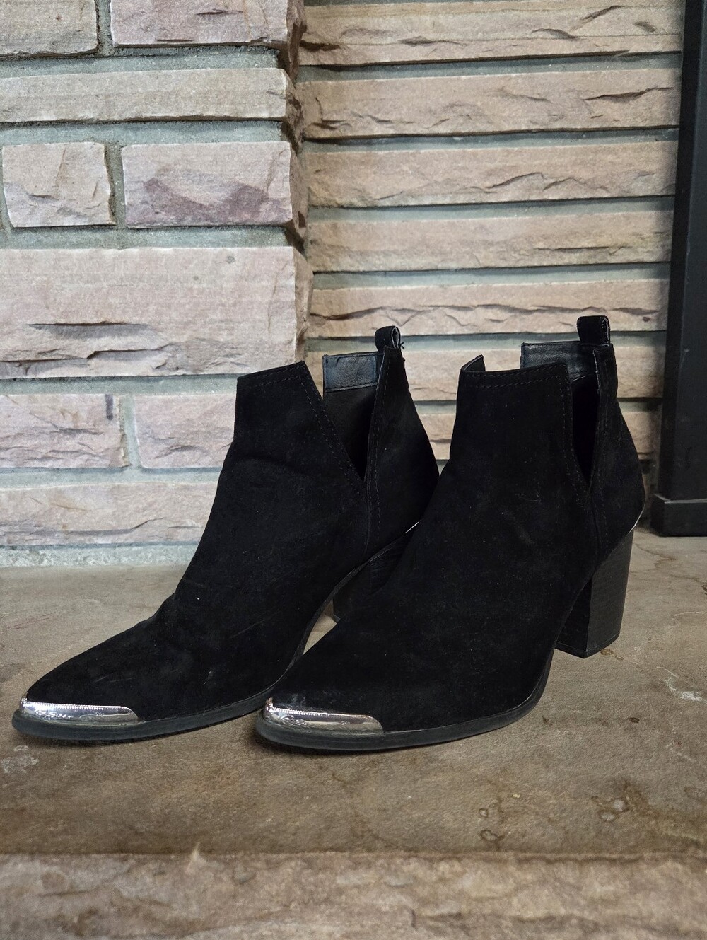 Black Suede Pointed Toe Ankle Boots with Silver Toe Cap